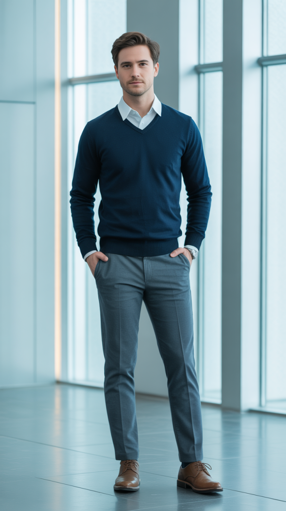 Sweater Over Collared Shirt Ensemble