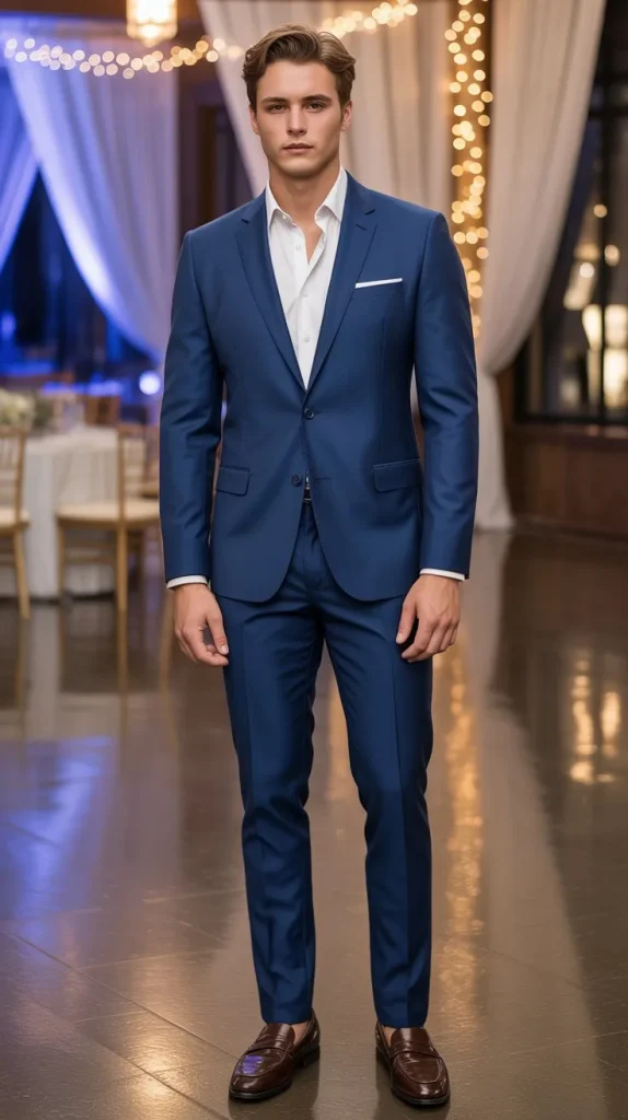 Navy Blue Suit with White Dress Shirt and No Tie