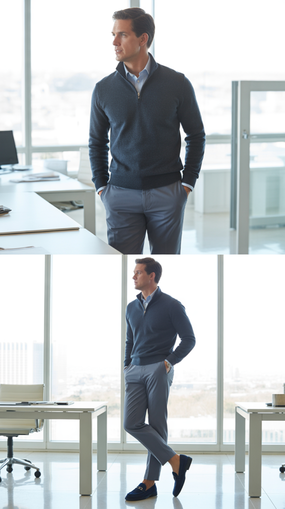 Heather Navy Quarter-Zip with Light Grey Chinos