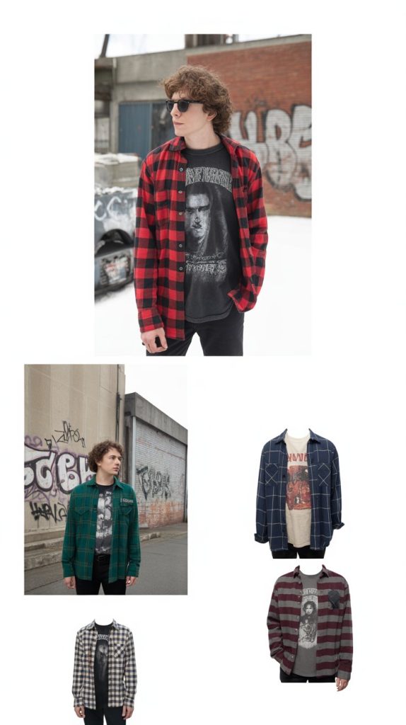 Vintage Band Tee Layered Under Flannel Shirt