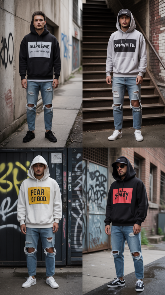 Distressed Jeans With Bold Logo Hoodie