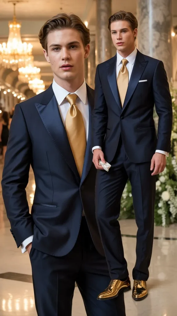 Navy Blue Suit with Gold Tie and Accessories