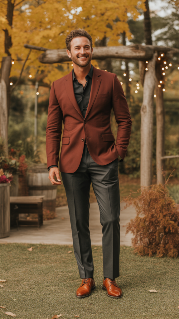 Burgundy Blazer With Gray Trousers
