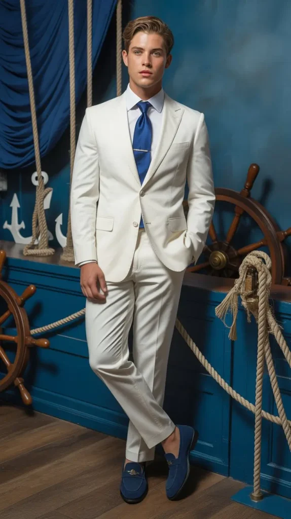 White Suit With Navy or Royal Blue Accents
