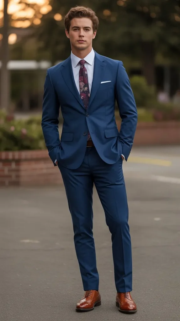  Navy Blue Suit with Floral Tie