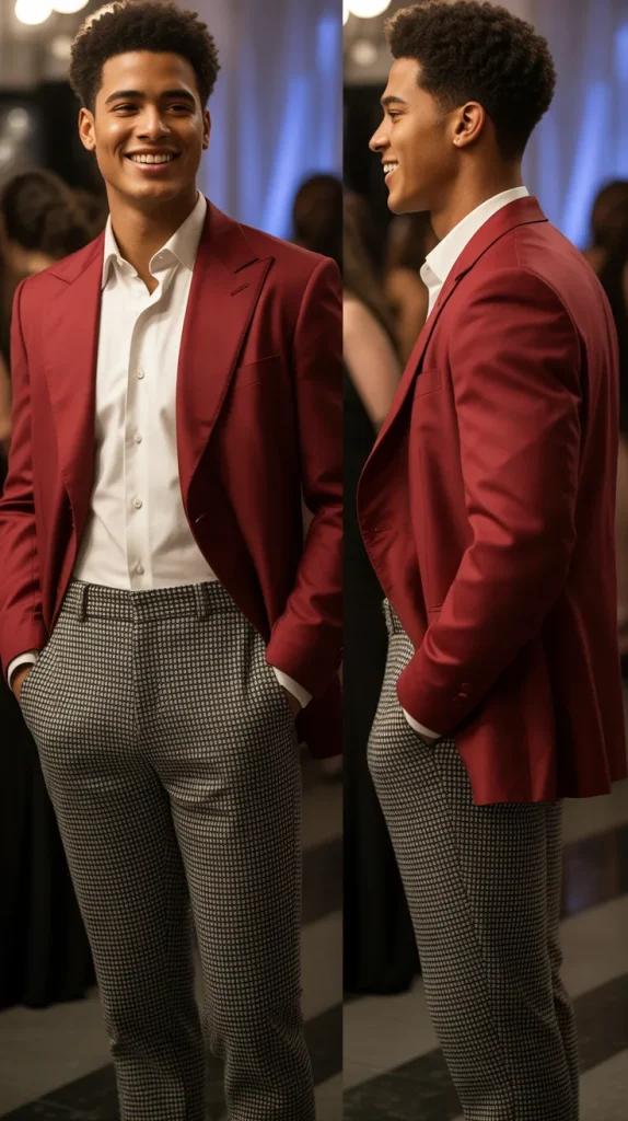 Red Suit with Contrasting Patterned Trousers