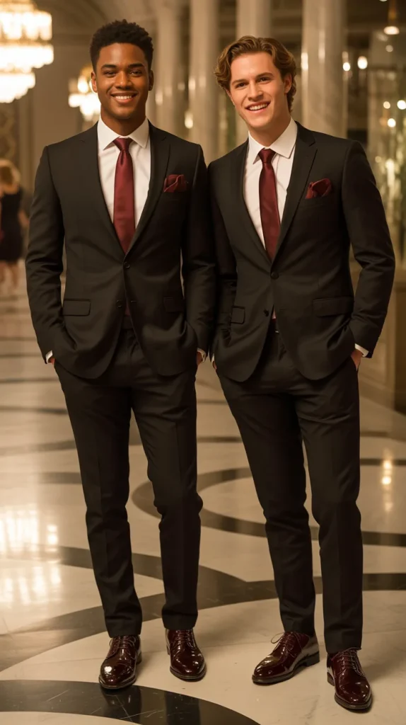 Black Suit with Burgundy Accessories