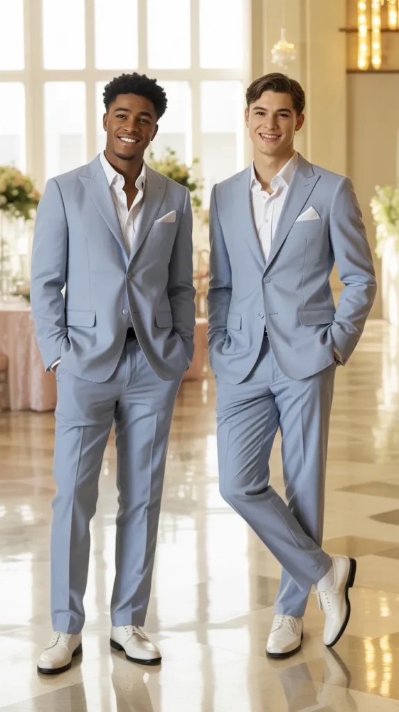 Pale Blue Suit with White Accessories