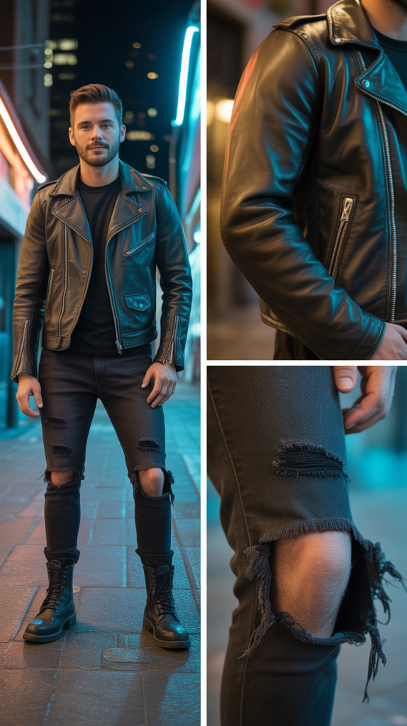 Leather Jacket with Ripped Jeans