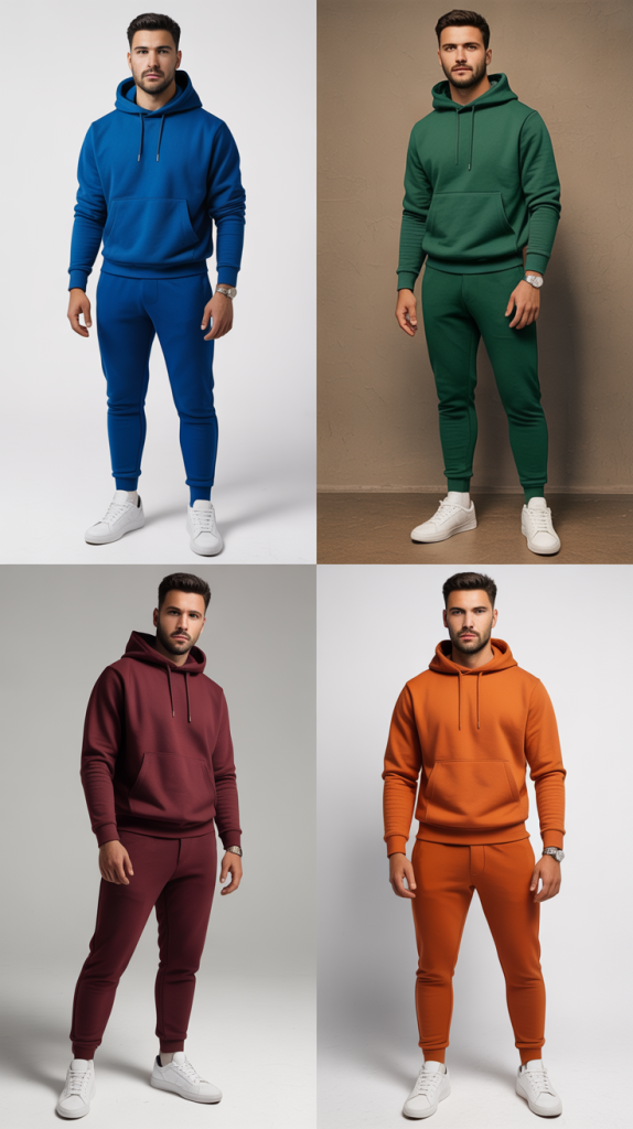 Matching Sweatsuit In Bold Color With White Sneakers