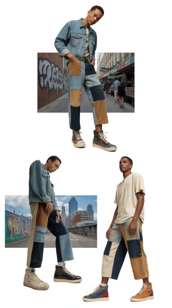 Patchwork Jorts With Eclectic Mismatched Sneakers