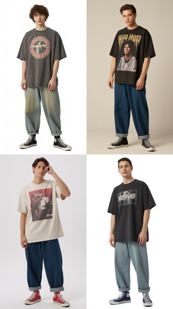 Oversized Band Tee With Baggy Jeans And Converse