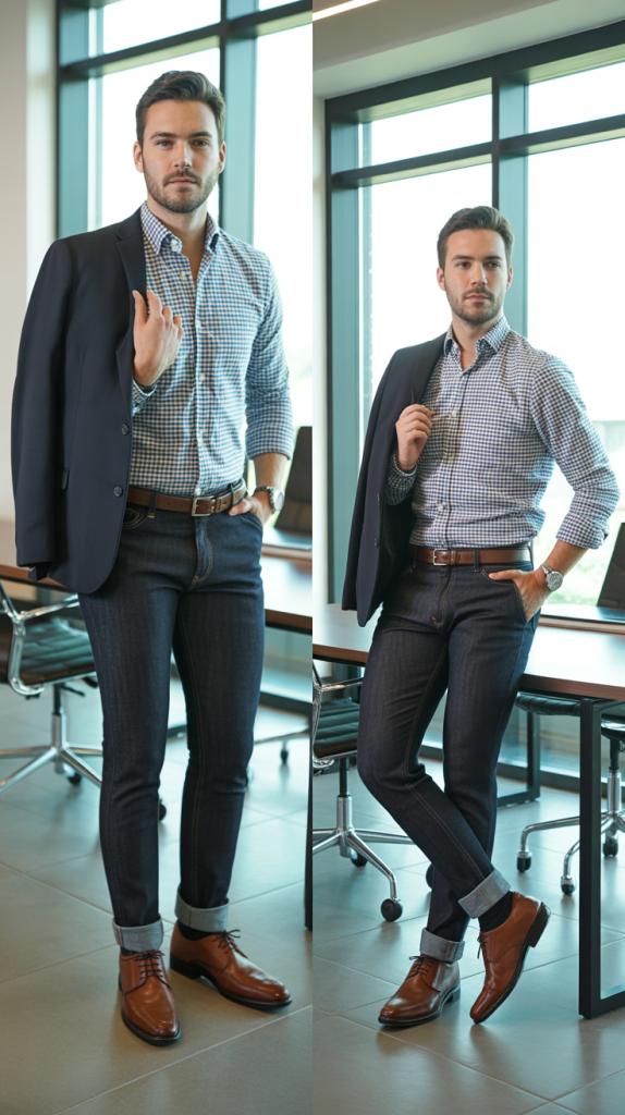  Patterned Shirt With Solid Dark Jeans