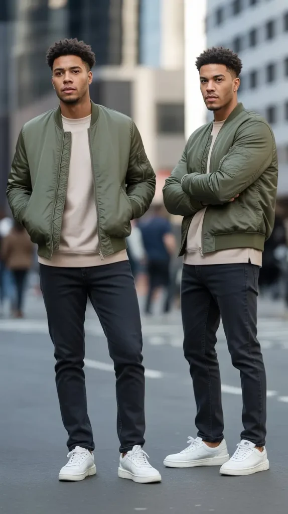 Bomber Jacket Over Crewneck Sweater