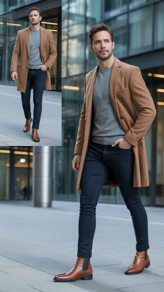 Camel Overcoat With Jeans For Transitional Weather