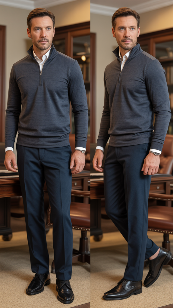 Heather Charcoal Quarter-Zip with Navy Wool Trousers