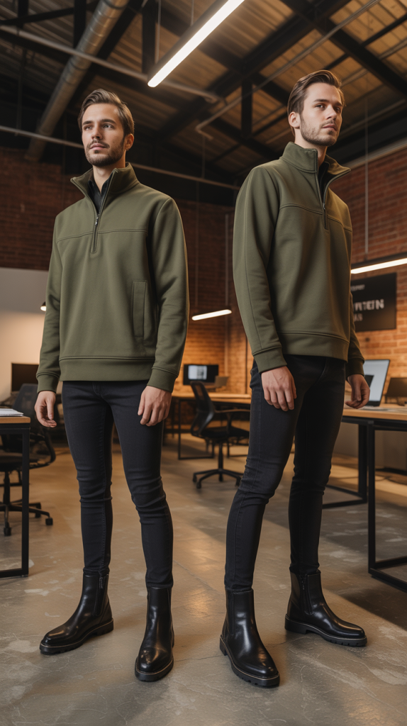 Olive Quarter-Zip with Black Jeans