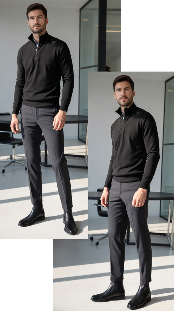 Black Quarter-Zip with Charcoal Trousers