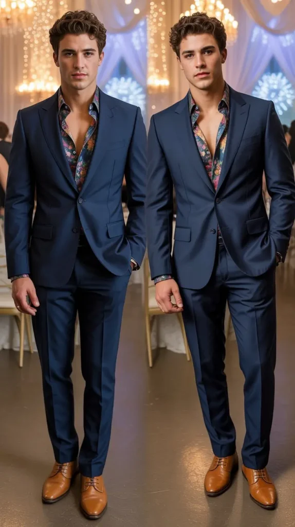 Navy Blue Suit with Printed Dress Shirt