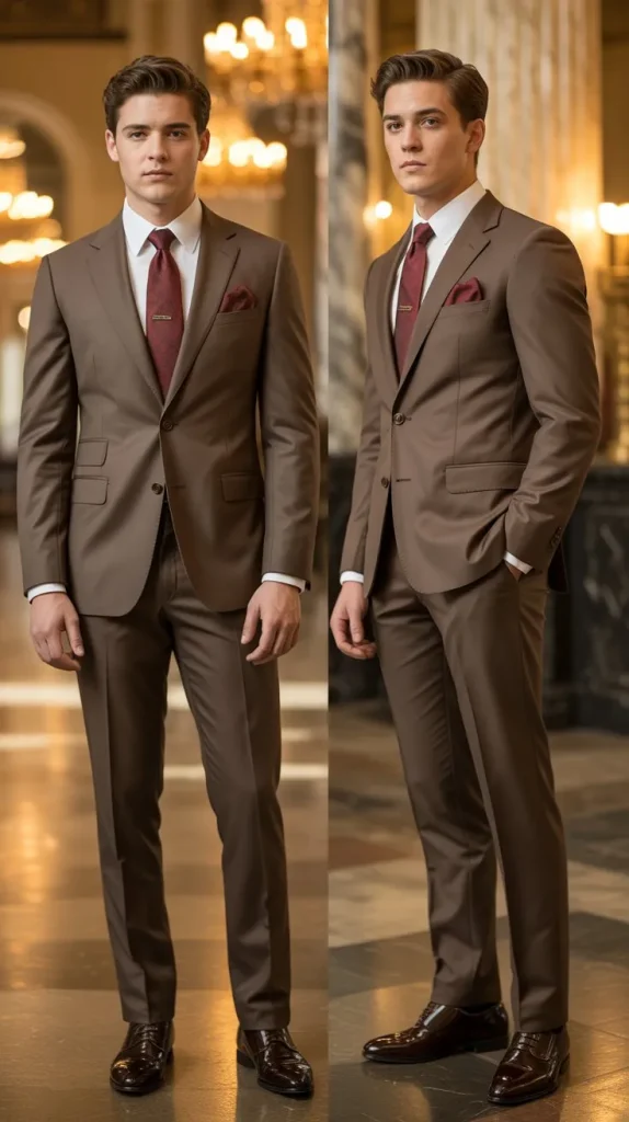 Brown Suit with Burgundy Tie