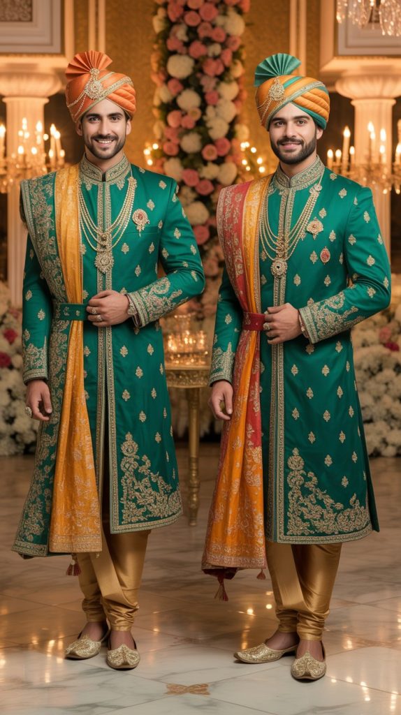 Emerald Green Achkan with Contrasting Dupatta