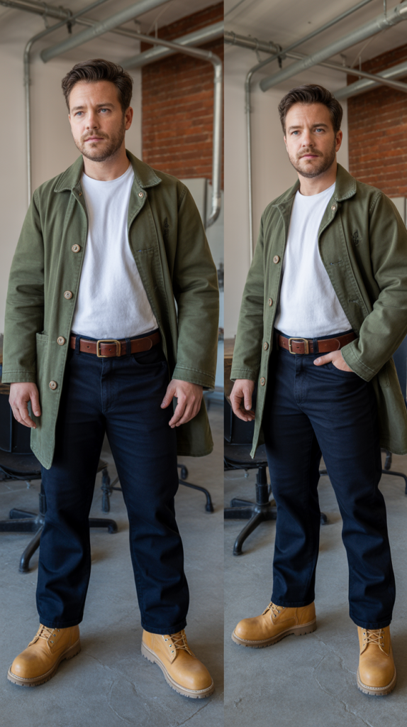 Olive Green Chore Coat Over Jeans