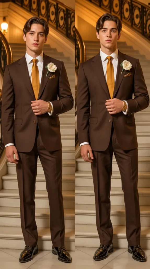 Brown Suit with Bold Accessories