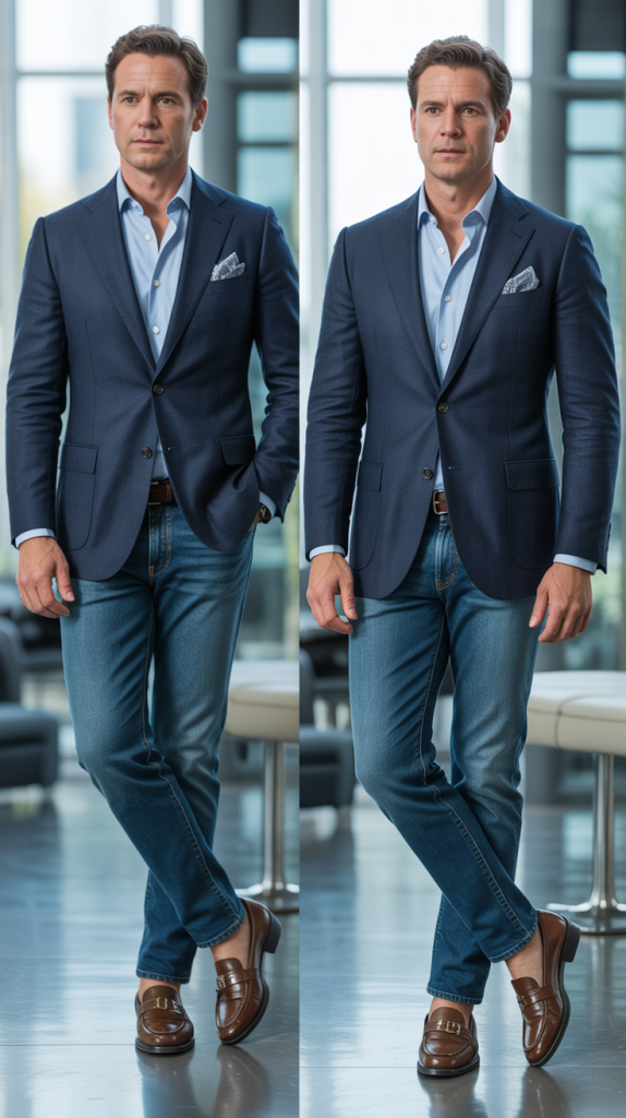 Navy Blazer And Medium Wash Jeans Combination