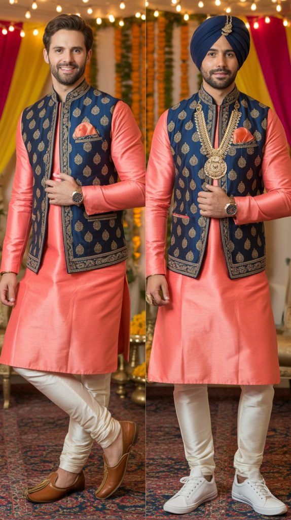  Coral Pink Kurta with Embroidered Nehru Jacket