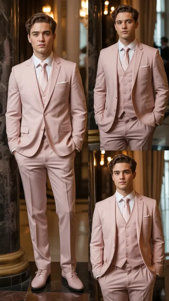  Baby Pink Three-Piece Suit for Classic Elegance