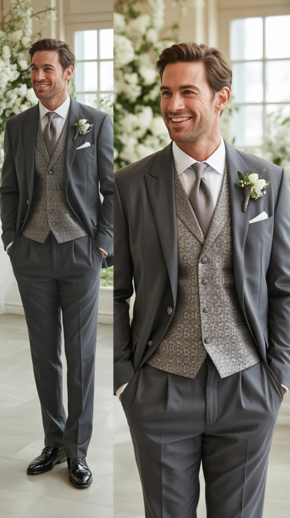 Three-Piece Gray Suit With Patterned Waistcoat