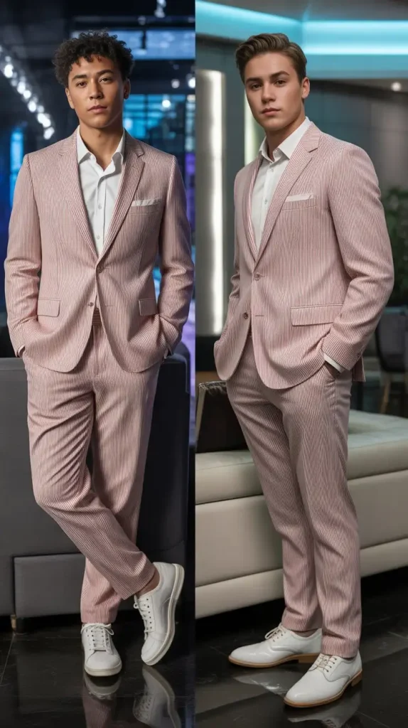 Pink and White Striped Suit for a Fashion-Forward Edge