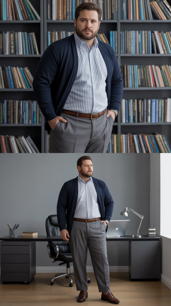 The Cardigan with Shirt and Trousers