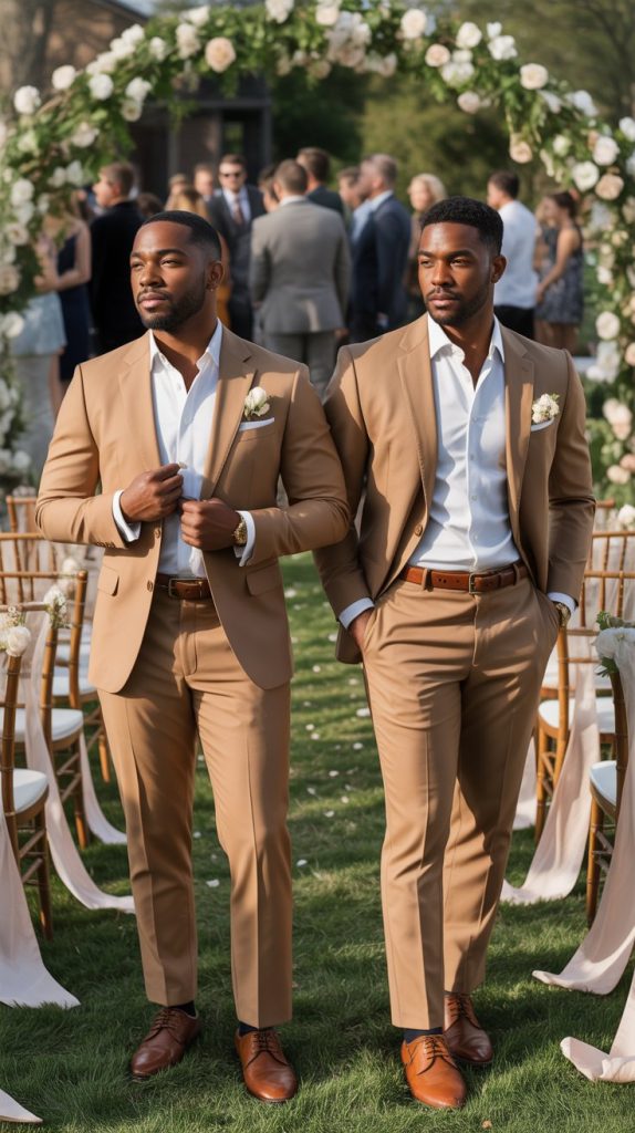 Tan Suit with White Dress Shirt