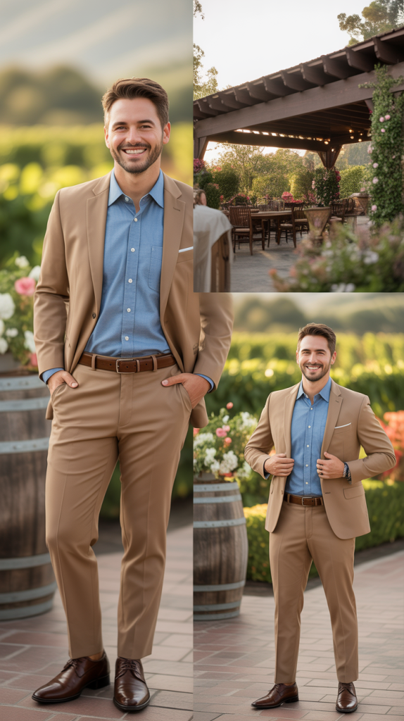 Tan Suit With Chambray Shirt