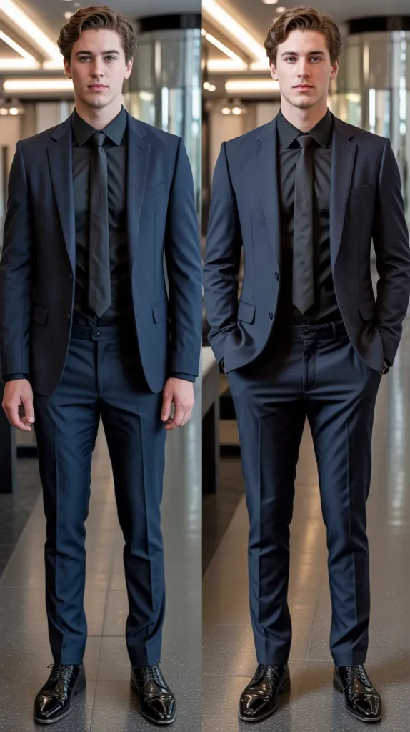  Navy Blue Suit with Black Shirt and Tie