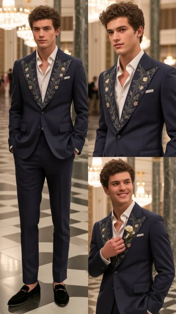 Navy Blue Suit with Embroidered or Embellished Details