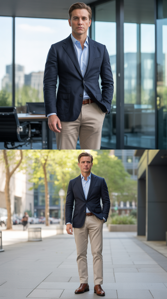 The Classic Navy Blazer and Chinos Combination