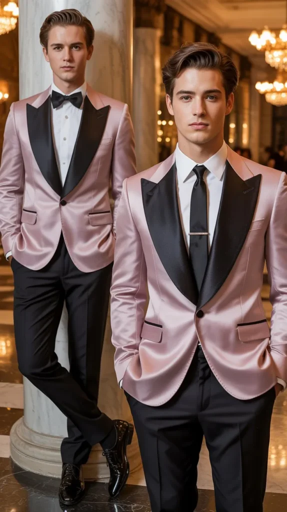 Pink Suit with Black Lapels for a Tuxedo-Inspired Look