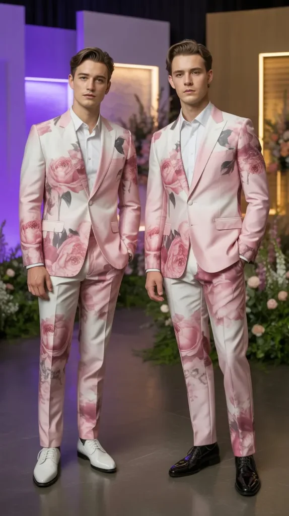  Pink Floral Print Suit for Artistic Personality