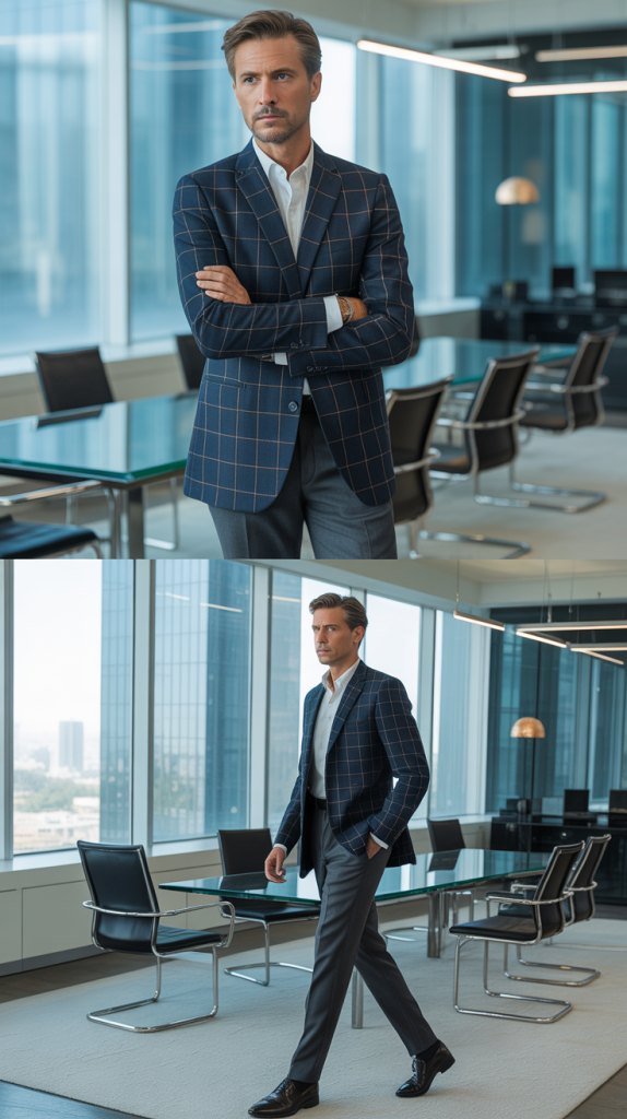 Windowpane Check Blazer with Solid Shirt