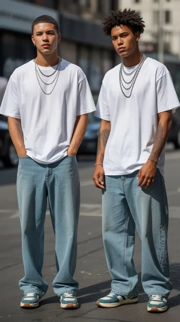 Layered Necklaces With a Plain White Tee and Baggy Jeans