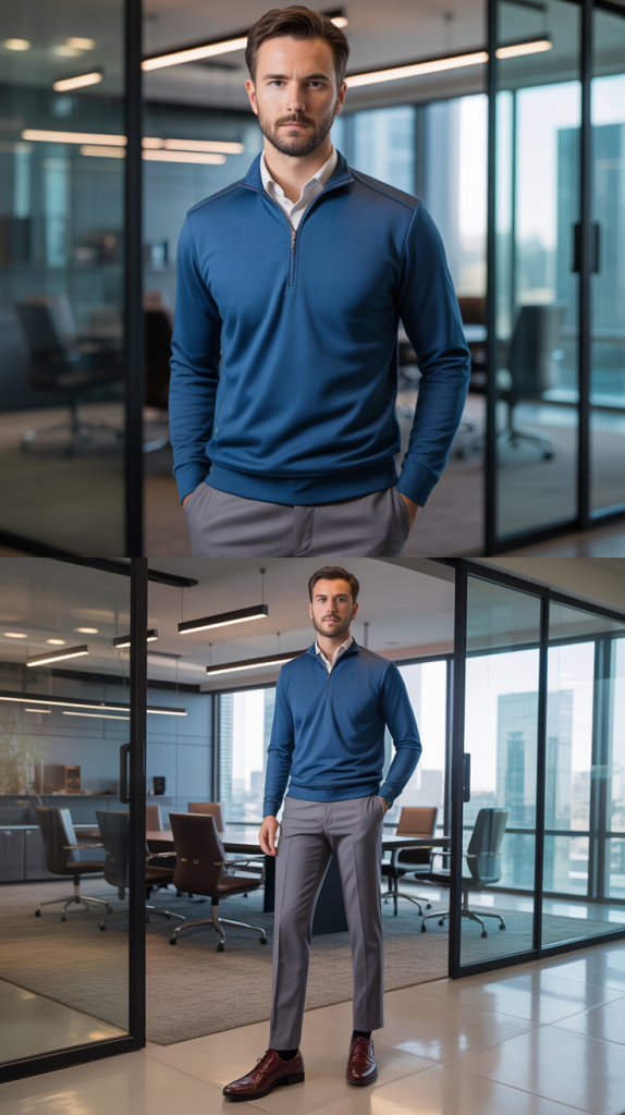 Midnight Blue Quarter-Zip with Grey Dress Pants