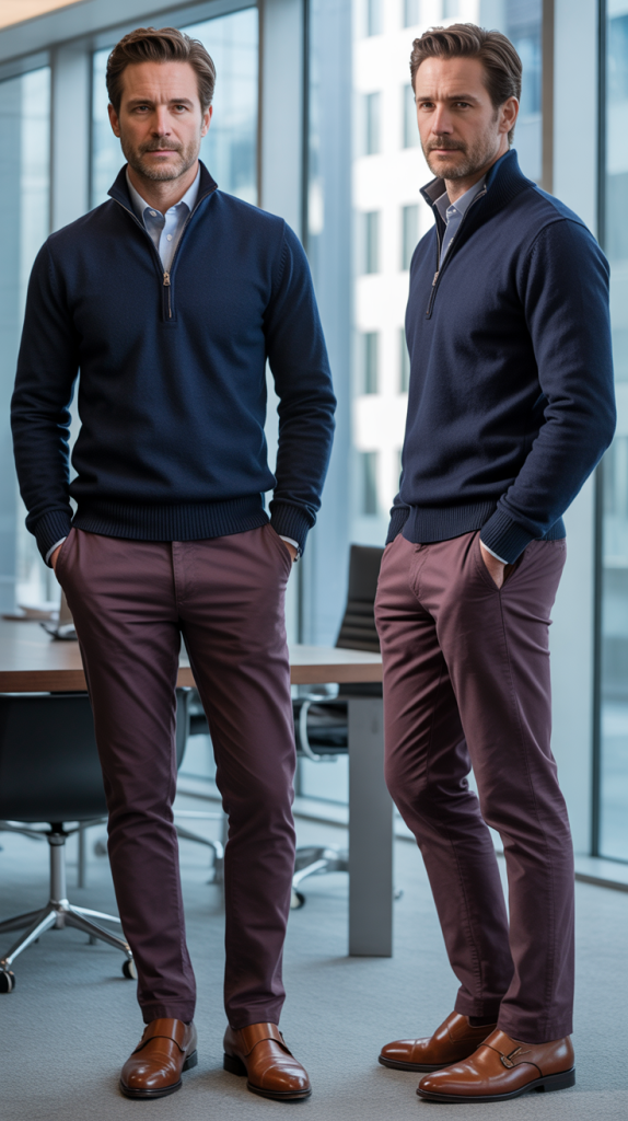 Navy Quarter-Zip with Burgundy Chinos