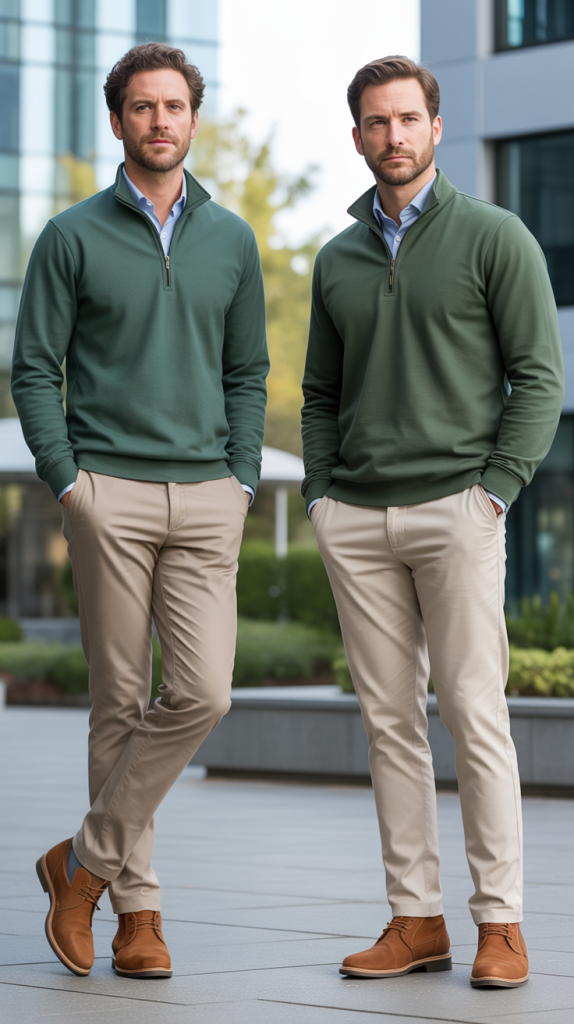 Forest Green Quarter-Zip with Beige Chinos