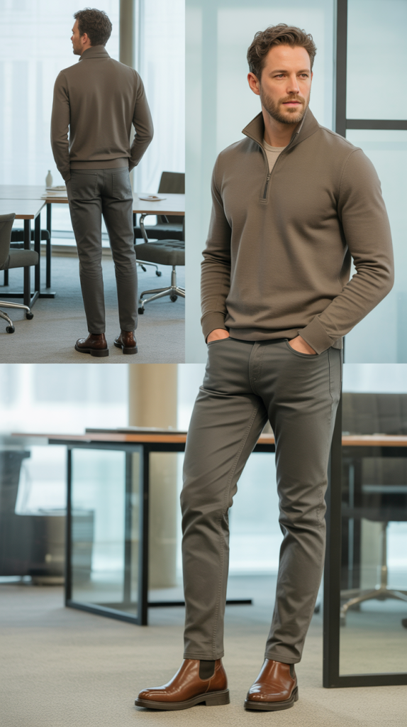Taupe Quarter-Zip with Charcoal Jeans