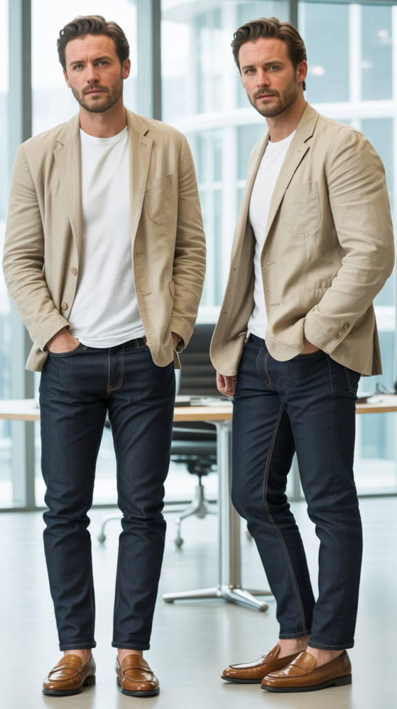 Neutral Tones: Beige Blazer With Dark Jeans