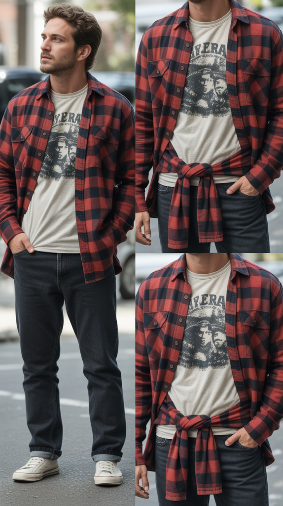 Flannel Shirt Over Band Tee