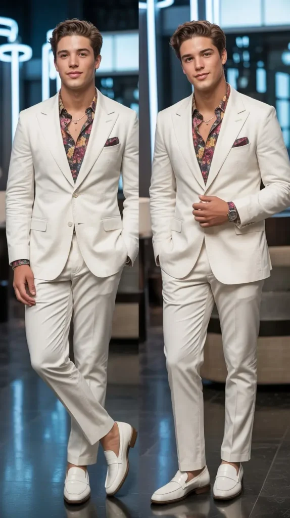 White Suit With a Graphic or Printed Shirt