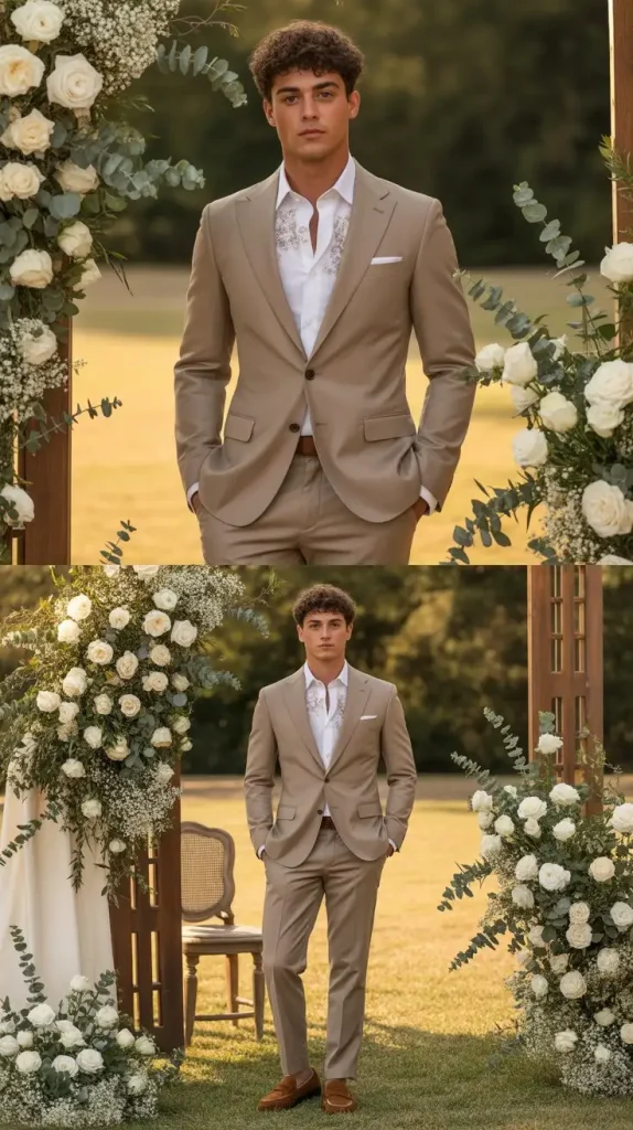  Brown Suit with Floral Shirt